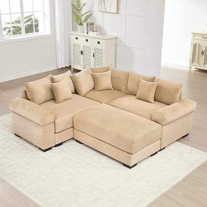 KEIKI 79" L-Shaped Oversized Corduroy Modular Cloud Sectional Sofa with 1 Ottoman, High-Density Foam Cushion, Extra-Thick Armrest, 3-Seater Fluffy Corner Couch with 10 Pillow, for Living Room, Camel