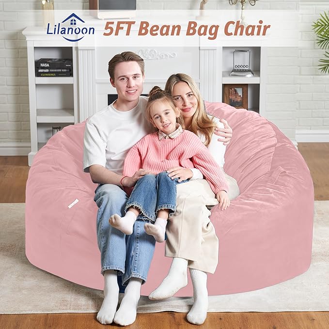 5FT Bean Bag Chair with Ultra Soft Velvet Cover Bean Bag Sofa with Memory Foam Bean Bag Chairs with Large Size Lazy Sofa for Dorm Office Living Room Bedroom Light Pink 5'