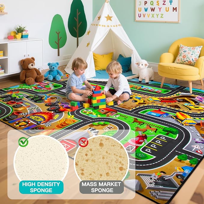 Kids Rug, 5' x 7' FT Non-Slip Monster Truck Play Rug, Extra Thick (0.4in), Educational LearningTraffic Road Car Carpet for Nursery, Classroom, Playroom & Bedroom