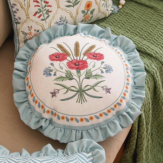 Design Linen Round Throw Pillow Covers Diameter 16" Pack of 2, Fresh Farmhouse Cushion Covers with Red Watercolor Wildflower Pattern Decor Pillowcases for Bed,Living Room,Outdoor,Car