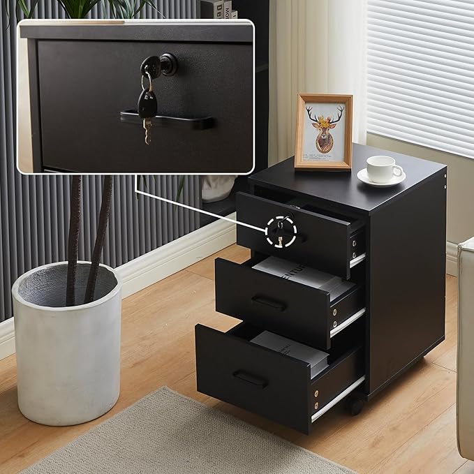 Mobile File Cabinet with Lockable Drawer, 3-Drawers Under Desk Storage Cabinet with 360°Swivel Wheels, Wooden Stationery Storage Cabinet for Legal/Letter/ A4 Documents (Black)