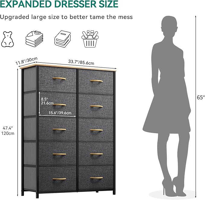 YITAHOME 10 Drawers Dresser, Fabric Dresser, Fabric Storage Tower, Organizer Unit for Bedroom, Living Room, Hallway, Closets