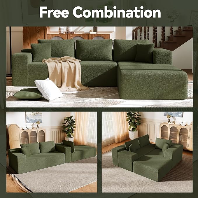 Cloud Wool Modular Sectional Sofa with Chaise, 106" L-Shaped Sofa Couch for Living Room, Deep Seat Plush Boneless Couches, Includes Pillows, Left Chaise, Green