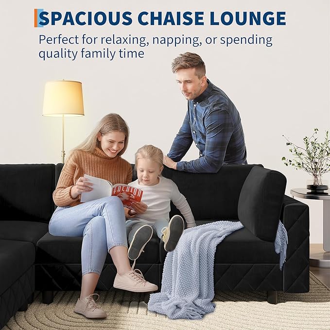 134" Modular Sectional Sofa, 4-Seat Cloud Couch with High-Density Cushions, L-Shaped Velvet Upholstered Sofa for Living Room and Apartment, Black