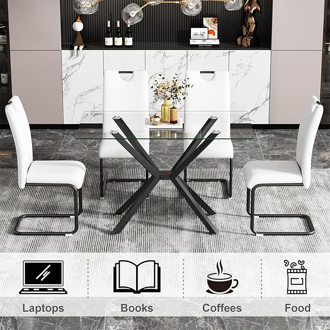 47'' Modern Glass Dining Table for 2-4 People, Rectangular Dining Room Table with Black Metal Legs, Clear Tempered Glass Top Dining Table for 4, Cpmpact Dinner Kitchen Table for 4