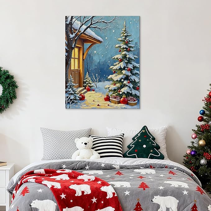 Framed Christmas Pictures Wall Decor,Vintage Pine Tree Prints,Winter Christmas Canvas Wall Art Decoration for Bedroom Bathroom Living Room Rustic Xmas Holiday Gifts (Christmas Tree 21, 16'' X 20'')