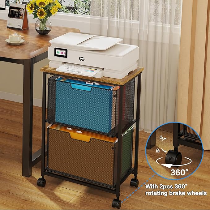 Letter/Legal Mobile File Cabinet, Rolling File Cart with 2 Drawers Filing Cabinet for Home Office, Hanging File Folders Organizer for Under Desk Storage, Mobile Printer Stand, Black and Brown