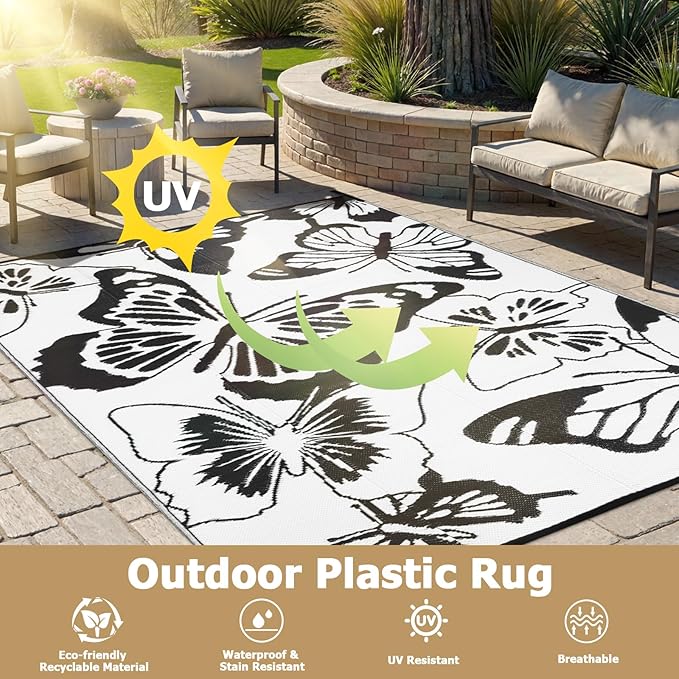 Beeiva Butterfly Outdoor Rug 6x9, Reversible Indoor Outdoor Rugs Waterproof, Lightweight Plastic Patio Rug for Camping, Deck, Balcony, Backyard - Black & White