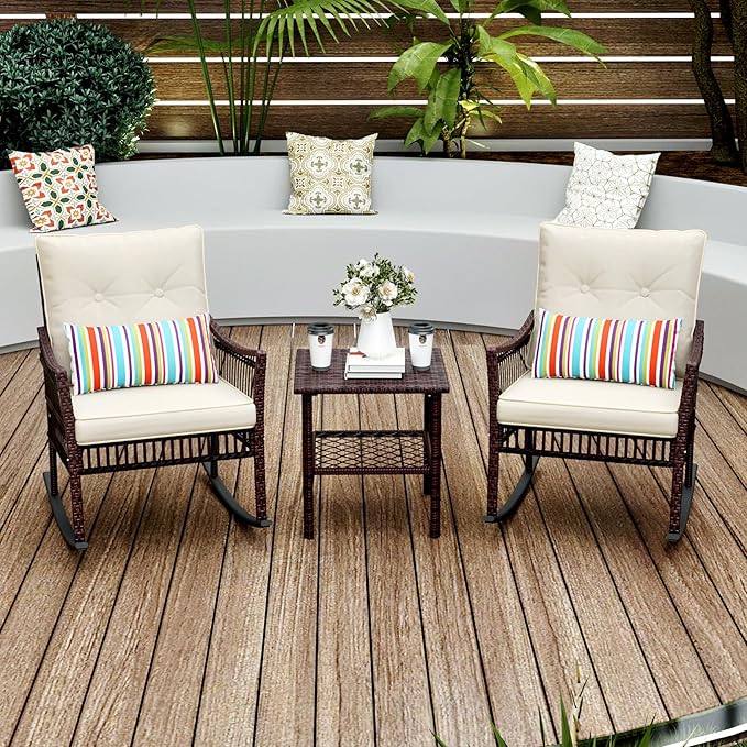 3 Pieces Patio Furniture Set, Outdoor Rocking Chairs Set of 2, Wicker Cushioned Patio Rocker with Side Table for Porch, Garden, Poolside & Deck, Beige