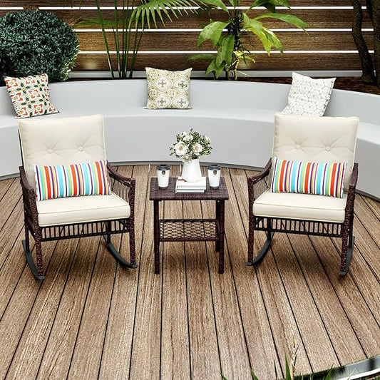 3 Pieces Patio Furniture Set, Outdoor Rocking Chairs Set of 2, Wicker Cushioned Patio Rocker with Side Table for Porch, Garden, Poolside & Deck, Beige