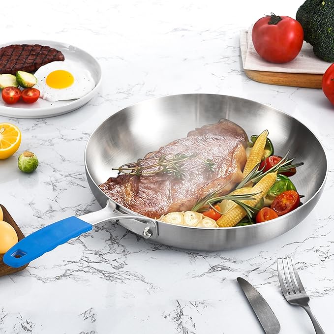Inqibee 8.5 Inch Tri-Ply Stainless Steel Frying Pan with Lid,Skillet,Induction Cooking Pan,Dishwasher Safe and Detachable Handle