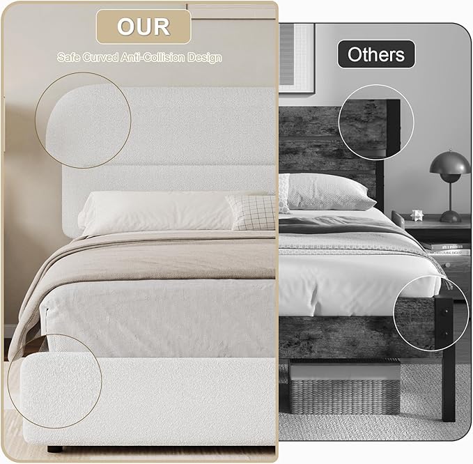 HOMBCK Queen Size Boucle Bed Frame, Upholstered Bed Frame Queen Size with Headboard, Soft Cloud Bed with Thickened Footboard, Rounded Corners, No Box Spring Needed, Easy Assembly, White