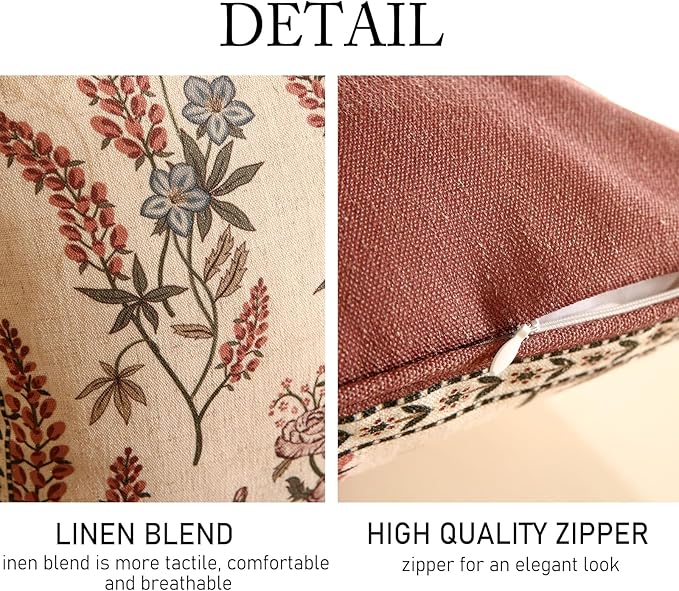 Design Linen Vintage Throw Pillow Covers 18"x18" Pack of 2, Square Cushion Covers with Blue Pink Flowers Green Leaves Pattern Decoration Pillowcases for Bed,Living Room,Outdoor,Car