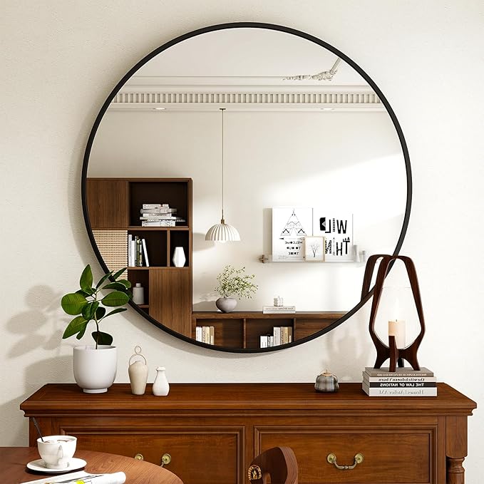 40 Inch Round Mirror - Circle Mirrors for Bathroom, Entryway and Living Room Wall Decor, Modern Hanging Vanity Mirror, Matte Black Circle Decorative Wall Mirror