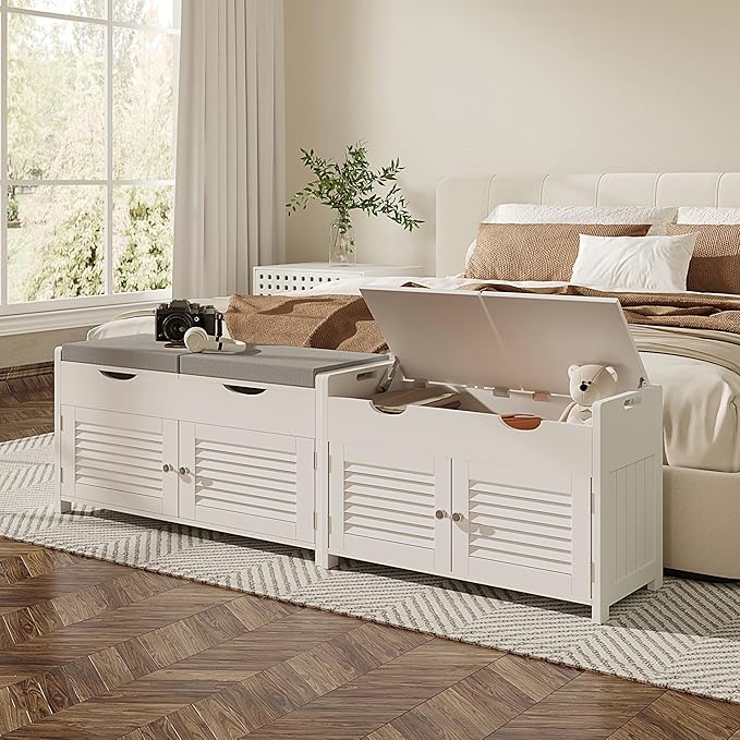 ChooChoo Shoe Storage Bench with Lift Top Storage, Entryway Bench with 2 Cushioned Seats, 3 Compartments, Adjustable Shelf, Shoe Cabinet for Entryway, Bedroom, Living Room, White