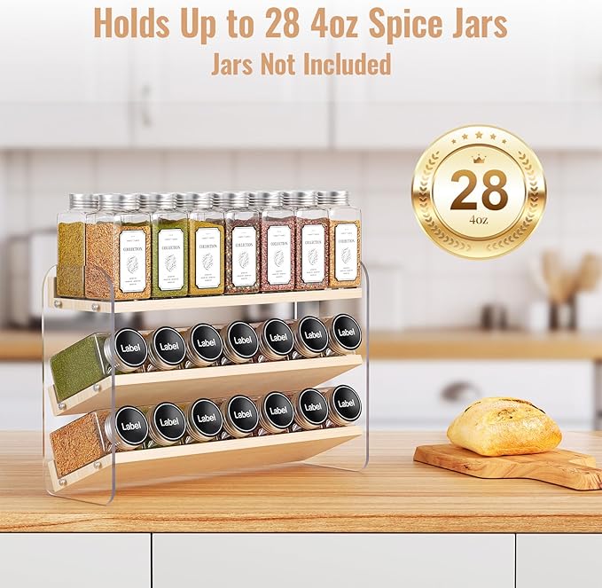 MUDEELA Clear Spice Rack Organizer for Cabinet, 3 Tiered Vertical Spice Shelf, Wooden Material, Seasoning Organizer for Countertop, Kitchen, Pantry, Freestanding, 13.3" W × 11.2" H (No Jars Included)