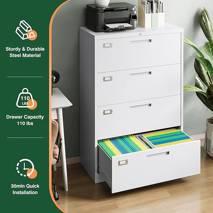 Letaya 4 Drawer File Cabinet with Lock, Metal Lateral Filing Cabinet Wide Office Organization Storage for Home Office Hanging Letter/Legal/F4/A4 (White-Requires Installation)