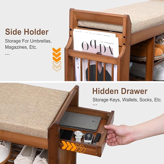 Shoe Bench with Hidden Drawer and Side Holder, 2 Tier Entryway Bench with Storage 39.4 in, Bamboo Shoe Rack with Cushion for Entryway Hallway Living Room Bedroom
