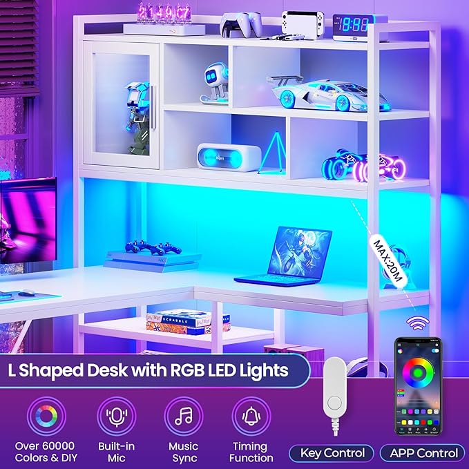 SEDETA L Shaped Computer Desk, 58'' Office Desk with LED Light and Bookshelf, L Shaped Corner Desk with Storage Shelves for Home Office, Gaming Desk, L Desk, White