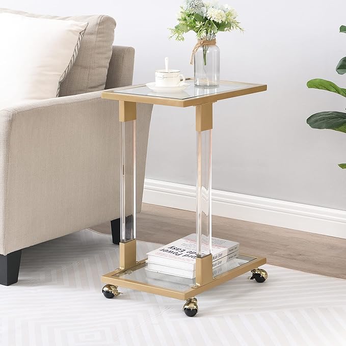 Goujxcy Clear Sofa Side Table C Shaped End Table with Wheels, Rolling Acrylic Bedside Laptop Snack Table TV Tray, Mobile Breakfast Tray Table with Tempered Glass Shelves and Clear Acrylic Frame