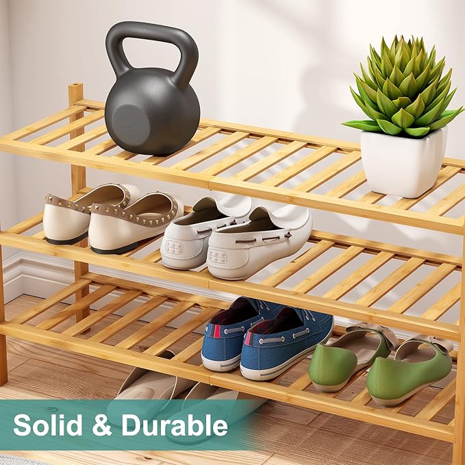 3-Tier Long Shoe Rack, Bamboo Wood Shoe Rack for Closet, Entryway & Hallway, Stackable | Beautiful | Functional | Sturdy