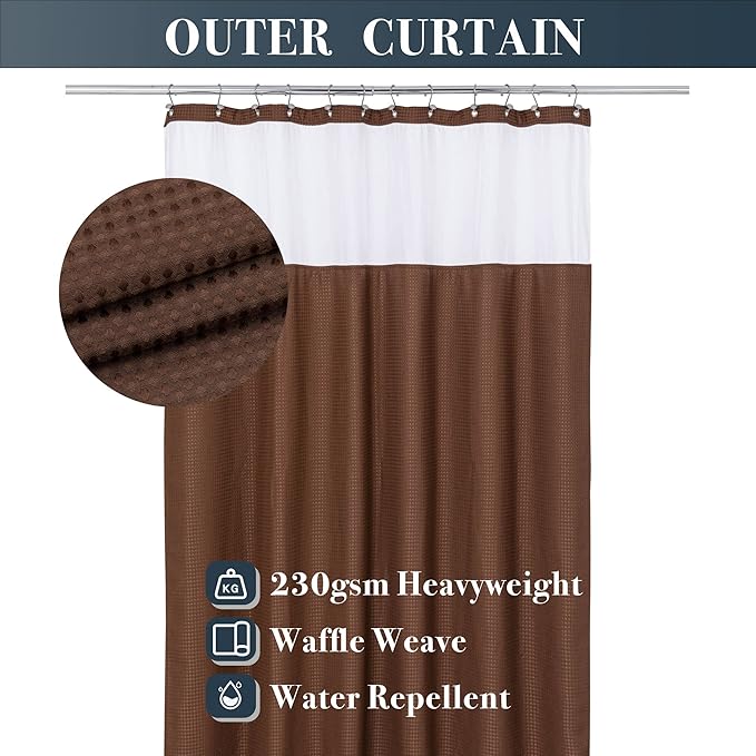 N&Y HOME Waffle Weave Shower Curtain with Snap-in Fabric Liner & 12 Metal Hooks Set - Hotel Style, Waterproof & Washable, Heavyweight Fabric & Mesh Top Window - 71x72, Chocolate Brown