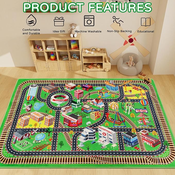 Kids Rug Play Mat for Toy Cars, City Life 3D Road Traffic 39.4"×59" for Playroom Kid Car Road Rug City Map Play Mat Non-Slip Washable Classroom Carpet for Toddlers BoyTummy Time Playtime