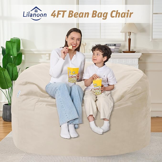 4FT Bean Bag Chair with Ultra Soft Velvet Cover Bean Bag Sofa with Memory Foam Bean Bag Chairs with Large Size Lazy Sofa for Dorm Office Living Room Bedroom Beige 4'