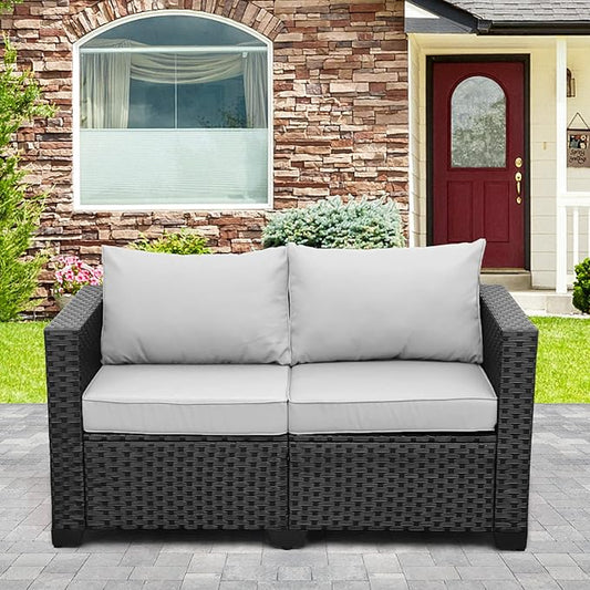 Rattaner Outdoor Furniture Loveseat Sofa Patio Furniture Small Sofa 2 Seater Couch with Anti-Slip Cushions Lumbar Pillow and Waterproof Cover, Grey