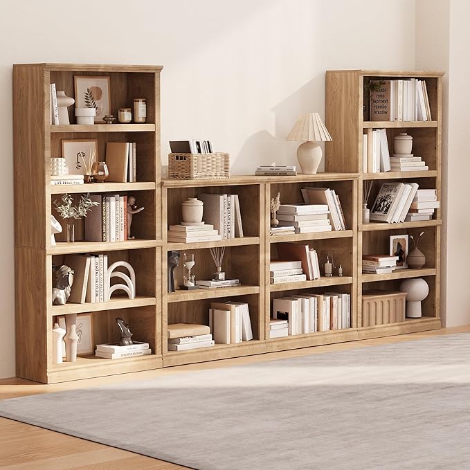 blini 5-Shelf Tall Bookcase Wooden Bookshelves 33in Wide Floor Standing Display Storage Book Shelves 70 in Oak Bookcase for Home Office, Living Room, Bed Room