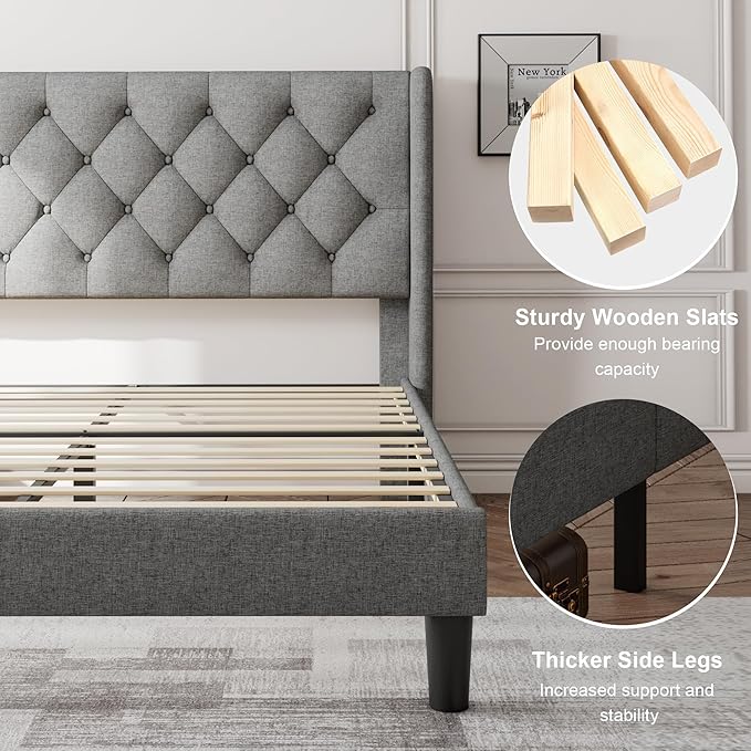 Feonase Queen Bed Frame with Upholstered Wingback Headboard, Platform Bed and Heavy Duty Wooden Slats Support, Easy Assembly, Noise-Free, No Box Spring Needed, Light Gray