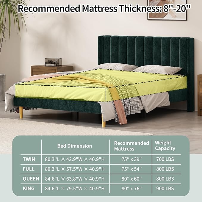 Queen Size Upholstered Platform Bed Frame with Modern Wingback & Vertical Panel Headboard, Velvet Fabric, Wooden Legs & Slats Support, No Box Spring Needed, Noise-Free & Easy Assembly, Ink Green
