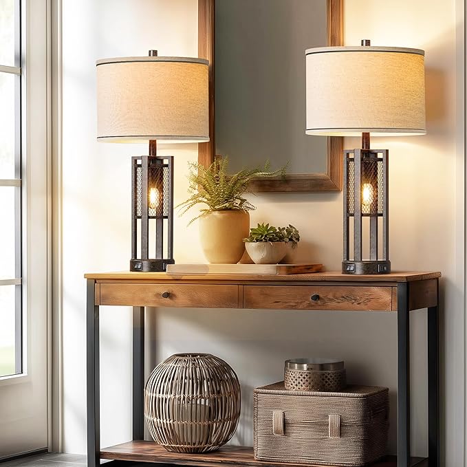 28'' Farmhouse Industrial Table Lamp Set of 2 - Rustic Bedside Nightstand Lamps with Dual USB A+C Ports, Bronze Metal Mesh Nightlight Desk Lamps for Bedroom Living Room, 4 LED Bulbs Included