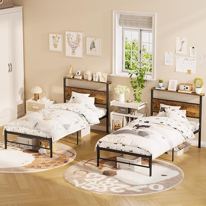 Weehom Twin Bed Frames with Headboard Shelf - Modern Twin Size Bed Frames with Wood Headboard, No Box Spring Needed Metal Platform Bed, Rustic Brown
