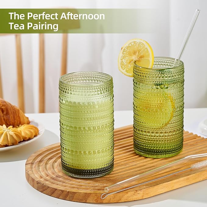 16oz Hobnail Drinking Glasses Set of 12, Vintage Large Capacity Embossed Green Tumblers, Highball Glasses for Water, Cocktail, Beer, Whiskey, Juice & Bar Use