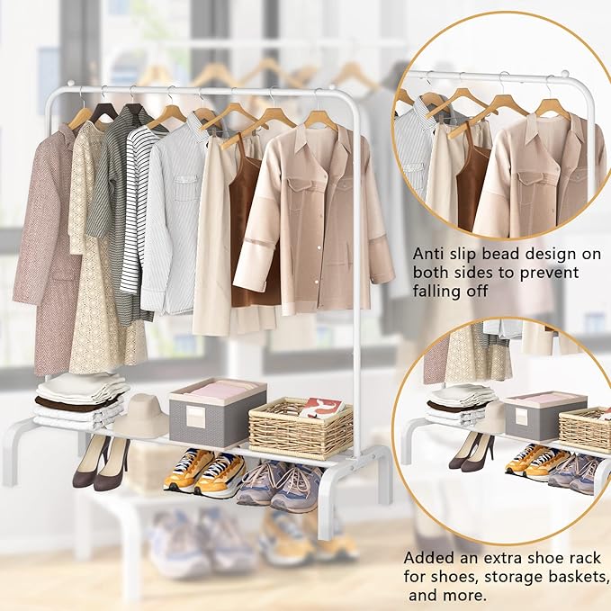 Clothes Rack Metal Clothing Rack with Bottom Shelf Garment Rack for Hanging Clothes Shirts Jeans and Coats White