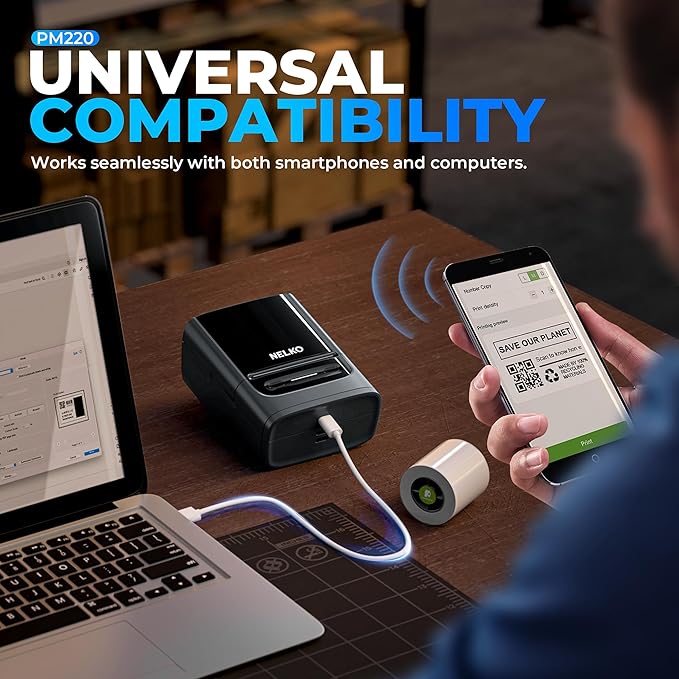 Nelko Label Maker Machine with Tape, PM220 Bluetooth Label Printer, 2 Inch Portable Thermal Printer for Small Business, Logo, Clothing, Sticker Printer for Phones & PC, with 3 Labels, Black