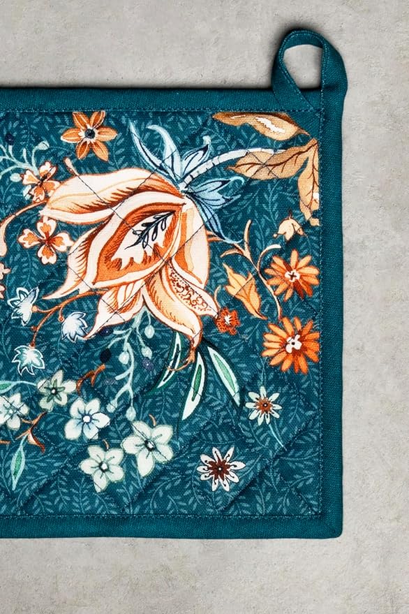 Maison d' Hermine Pot Holders 100% Cotton Heat Resistant Potholders 8" x 8" Hot Pads with Loop for Thanksgiving Christmas Decorations Baking Handling Hot Pans (Pack of 1, Luxury Loft - Dark Teal)