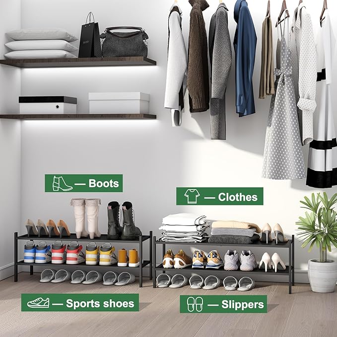 Black 2-Tier Long Stackable Bamboo Wood Shoe Rack for Closet, Entryway & Hallway