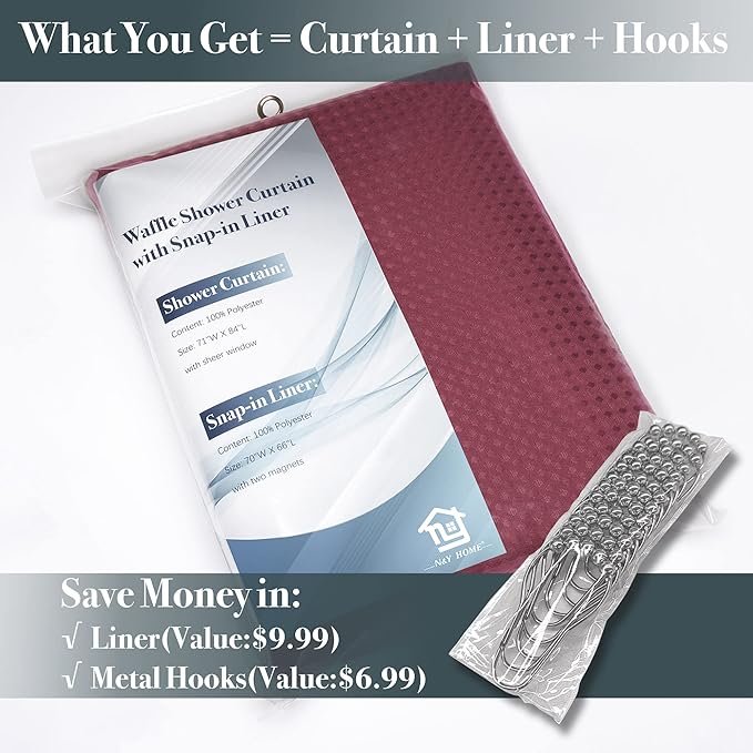 N&Y HOME Waffle Weave Shower Curtain with Snap-in Fabric Liner & 12 Metal Hooks Set - Hotel Style, Waterproof & Washable, Heavyweight Fabric & Mesh Top Window - 71x72, Wine Red