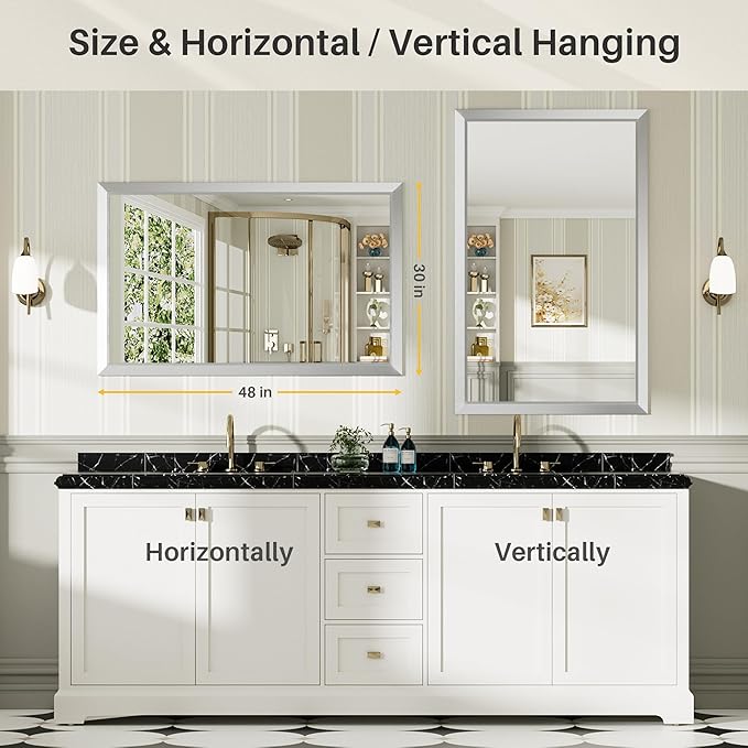 48x30 Inch Silver Bathroom Mirror for Wall, Thick Metal Framed Rectangle Mirrors for Over Sink, Bedroom, Living Room, Entryway, Anti-Rust, HD Tempered Glass