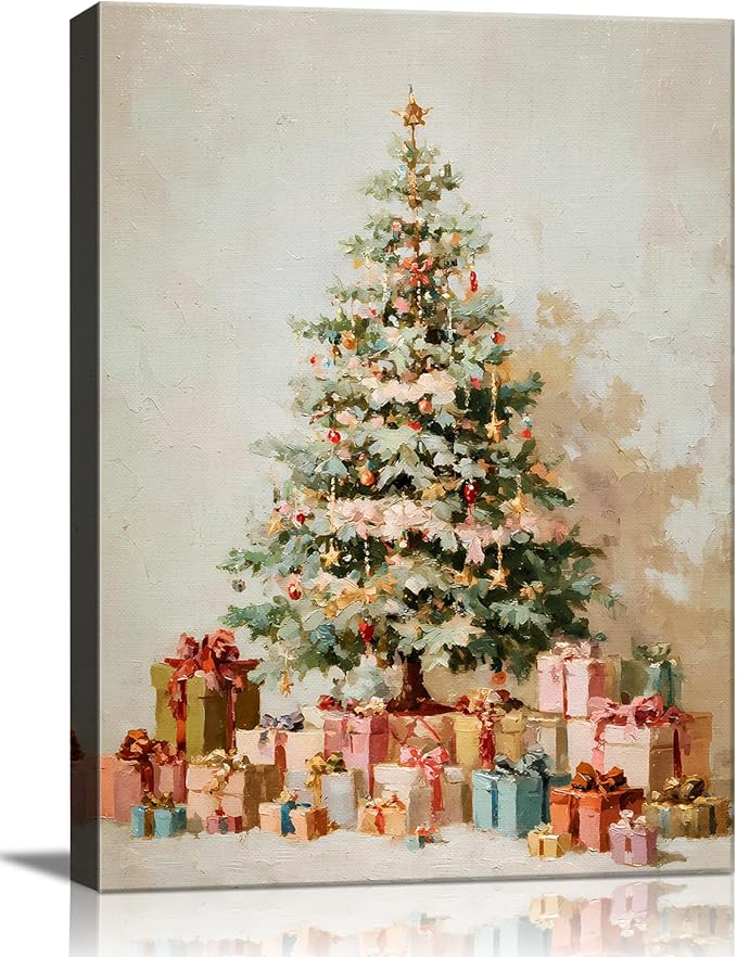 Vintage Evergreen Tree Christmas Canvas Wall Art - Rustic Pine with Gifts Framed Canvas Prints for Kitchen & Bathroom, Cozy Christmas Wall Decor, Ideal Christmas Gifts & Winter Decor