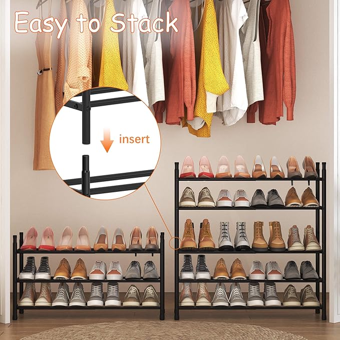 TZAMLI 3-Tier Shoe Rack for Closet, Expandable and Stackable Shoe Organizer Adjustable Metal Shoe Storage Small Shoe Shelf for Entryway Entrance, Black