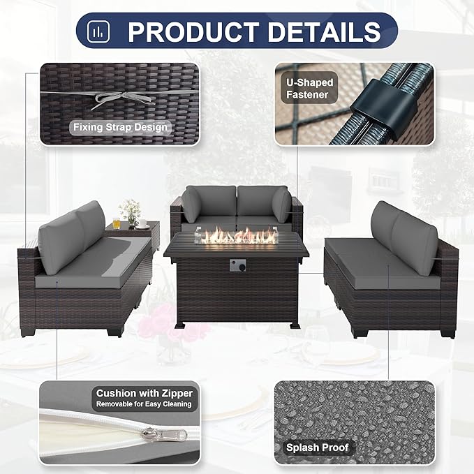 Kurapika 8 Pieces Patio Furniture Set, Rattan Wicker Outdoor Conversation Sets w/43in Propane Fire Pit Table and 4 Inch Cushion(Grey)
