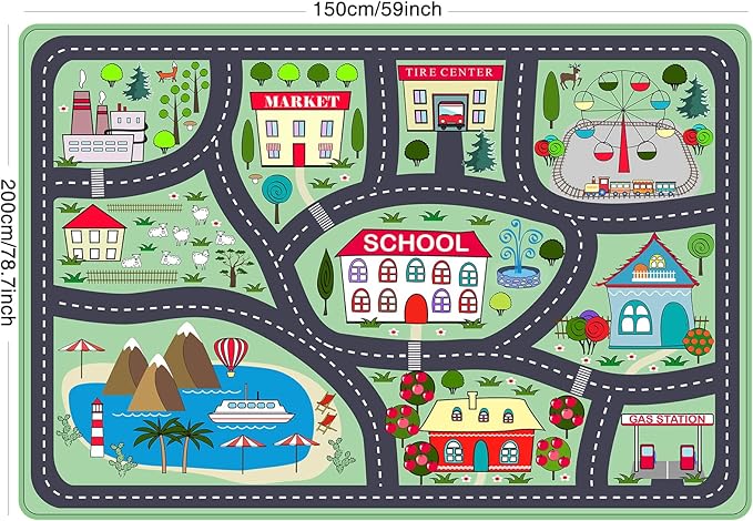 Kids Playmat Car Rug, Kids Play Rugs Town City Road Map Rug, Large Educational Car Mat, Boys Track Play Mat, Kid Rugs for Playroom Bedroom Living Room (Style 2, 78.7X 59 INCH)