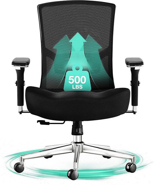 Big and Tall Office Chair 500lbs, Ergonomic Oversize Mesh Desk Chair, Heavy Duty High Back Computer Chair with Wide Thick Seat Cushion, Adjustable Lumbar Support, 4D Armrests