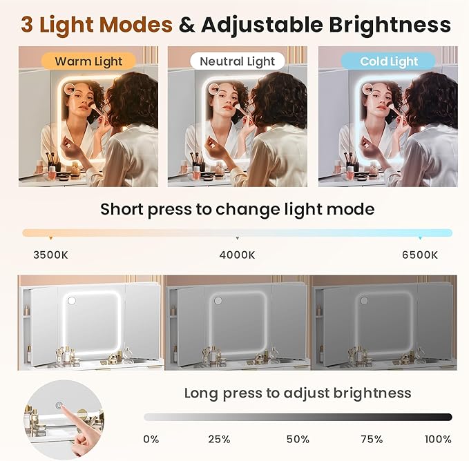 Pamapic 11 Drawers Vanity Desk with Foldable Mirror, Glass Top Makeup Vanity with LED Lights, 3 Lighting Modes, Golden Handles Dressing Table with Chair and Power Outlet