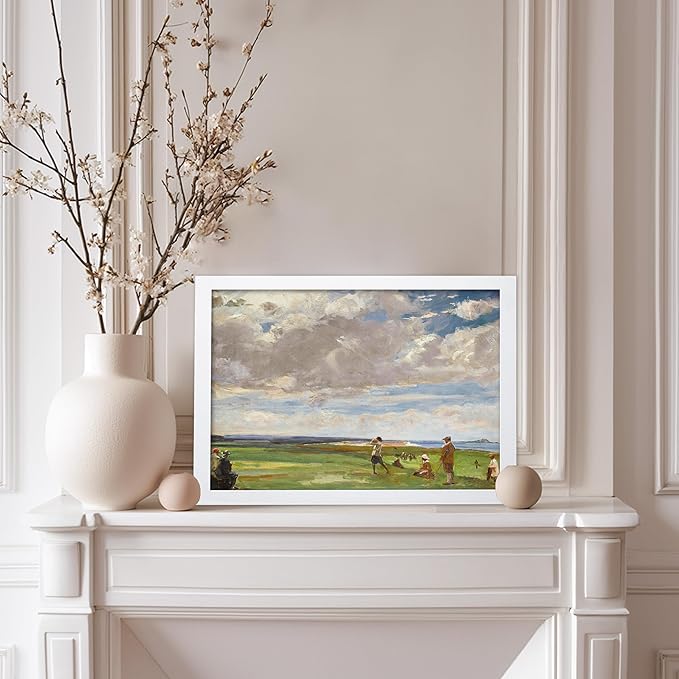 Poster Master Vintage Lady Astor Playing Golf at North Berwick Painting Print - Retro Golf Course Poster - Sports Art - Landscape Wall Design - Office or Living Room Wall Decor - 11x14 White Framed