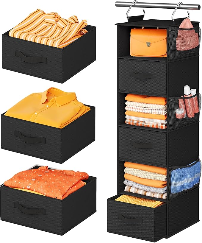 Pipishell Hanging Closet Organizer 6-Shelf, Hanging Shelves for Closet with 3 Removable Drawers & Side Pockets, Hanging Shelf Organizer for Bedroom or Garment Rack, 12'' x 12'' x 43.3'', Black