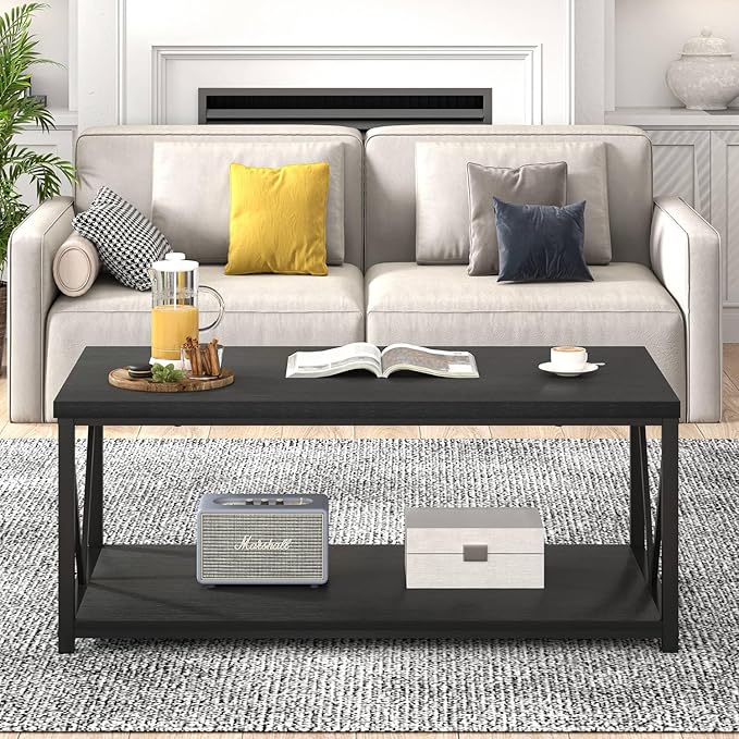 EXCEFUR Small Coffee Table, Modern Living Room Tables with Storage Shelf, Rustic Wood Rectangle Center Table, 2 Tier Wooden Low Cocktail Tea Table for Small Spaces, 39.3 Inch Black Oak